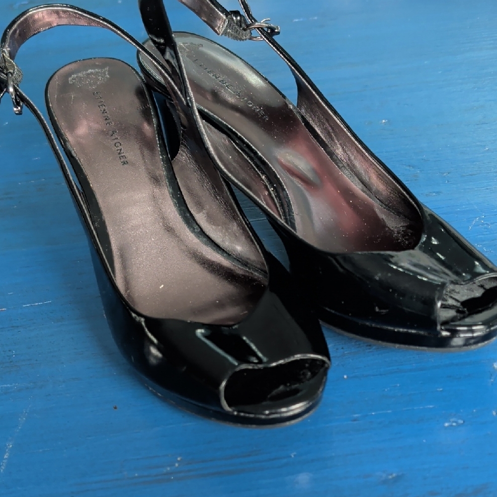 Etienne Aigner Glossy Black Slingback Heels